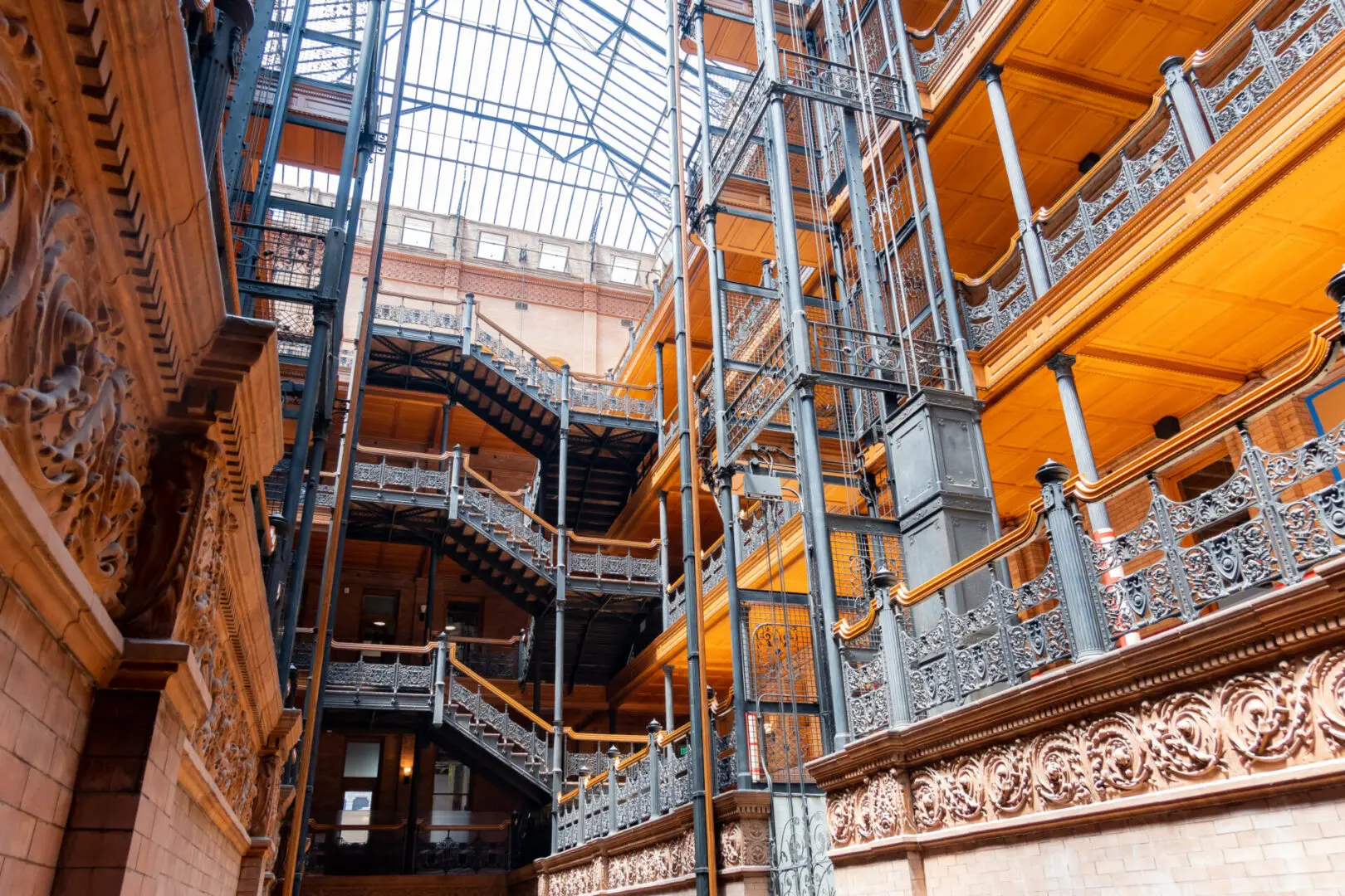 A large building with many stairs and railings.