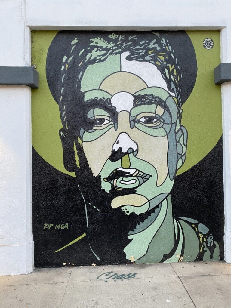 Mural portrait, RIP MCA, stylized art.