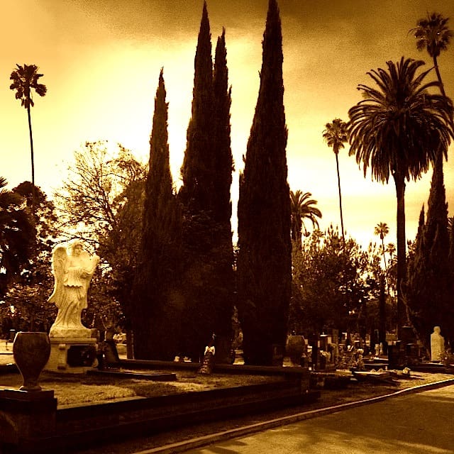 Angel statue in sepia-toned cemetery.