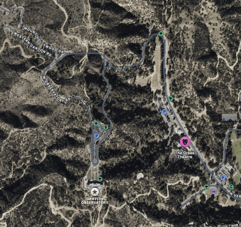 Griffith Observatory and Greek Theatre map.