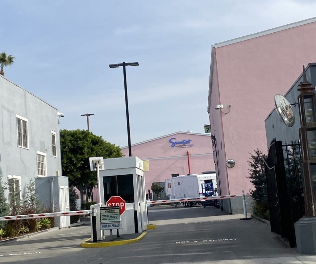 Guard booth and barrier at studio entrance