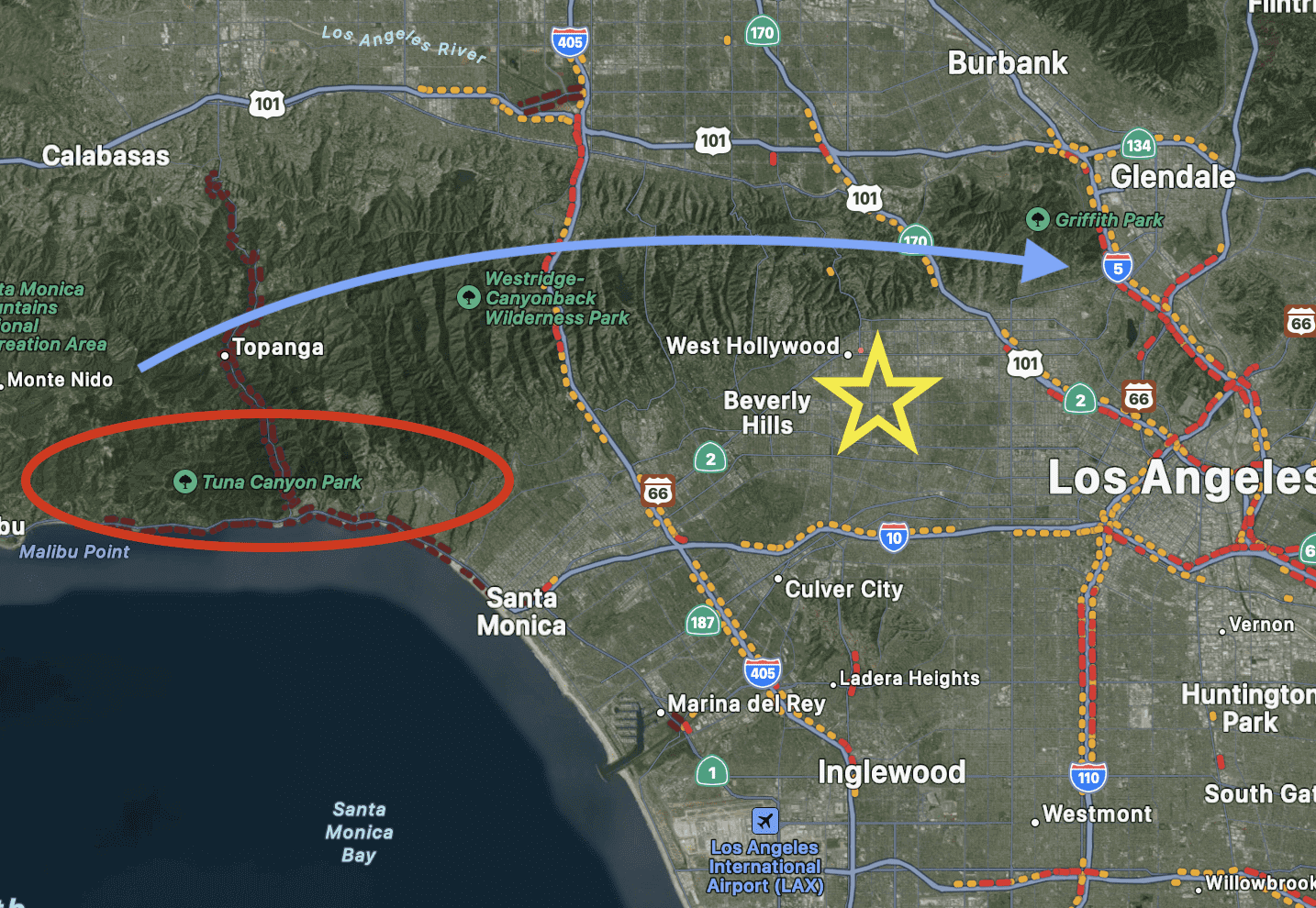 Los Angeles map highlighting Tuna Canyon Park.