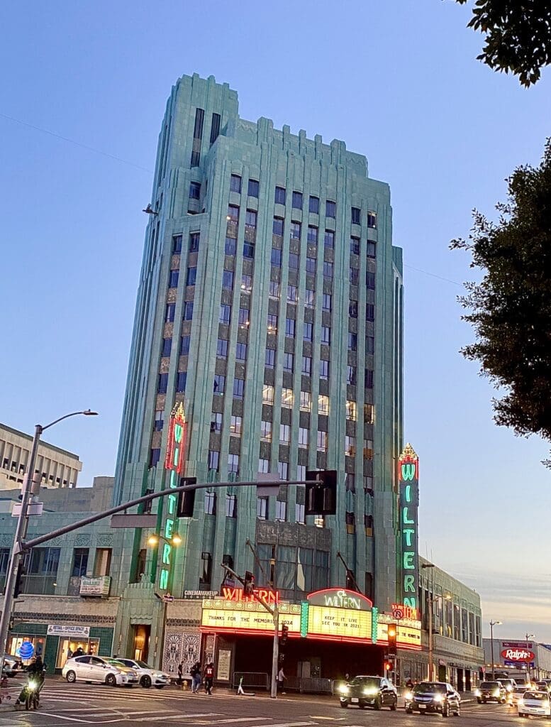 Wiltern Theatre Art Deco facade at dusk