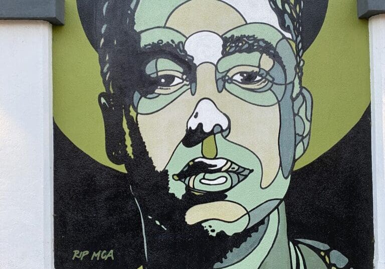 Mural portrait, RIP MCA, stylized art.