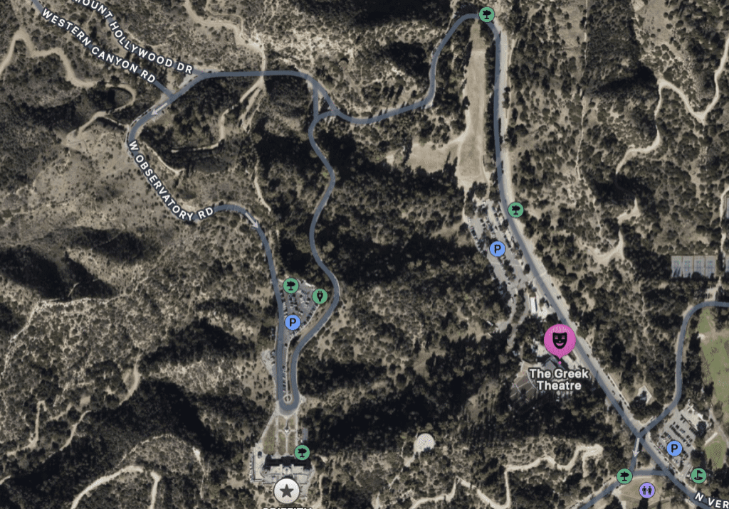 Griffith Observatory and Greek Theatre map.