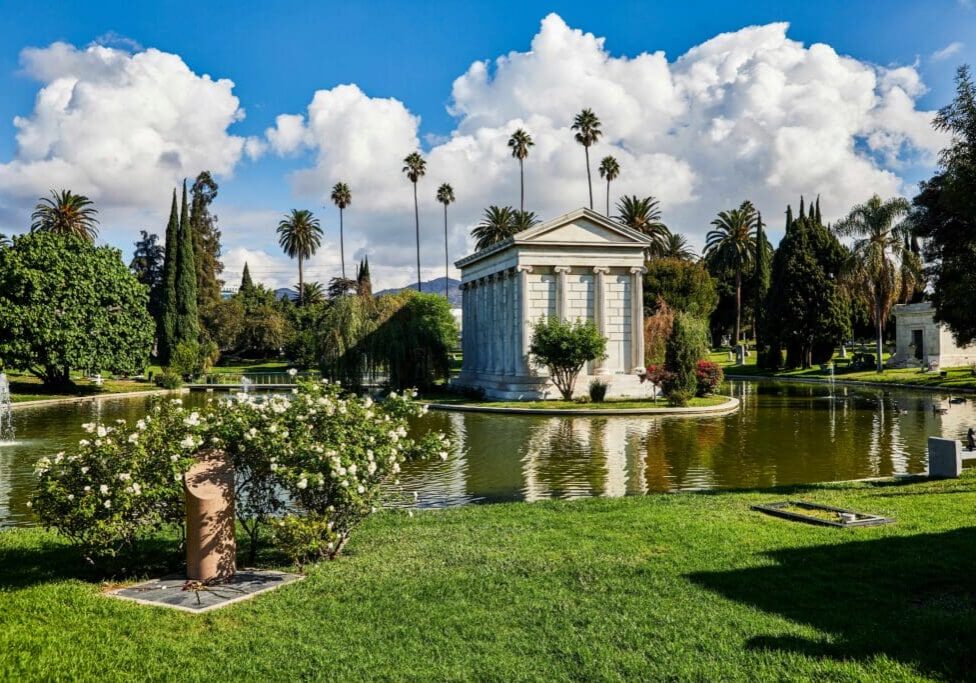 Los Angeles Greek mausoleum, pond, and lush landscaping private elite tour of Tour du Jour.