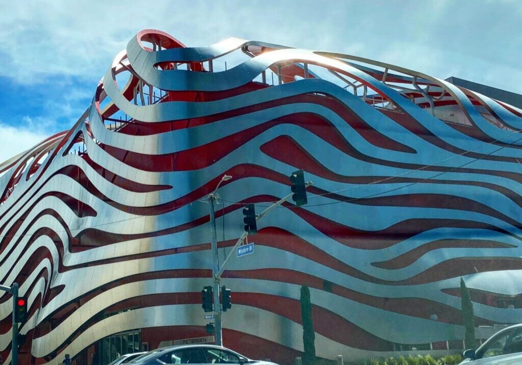 Red and silver ribboned museum facade