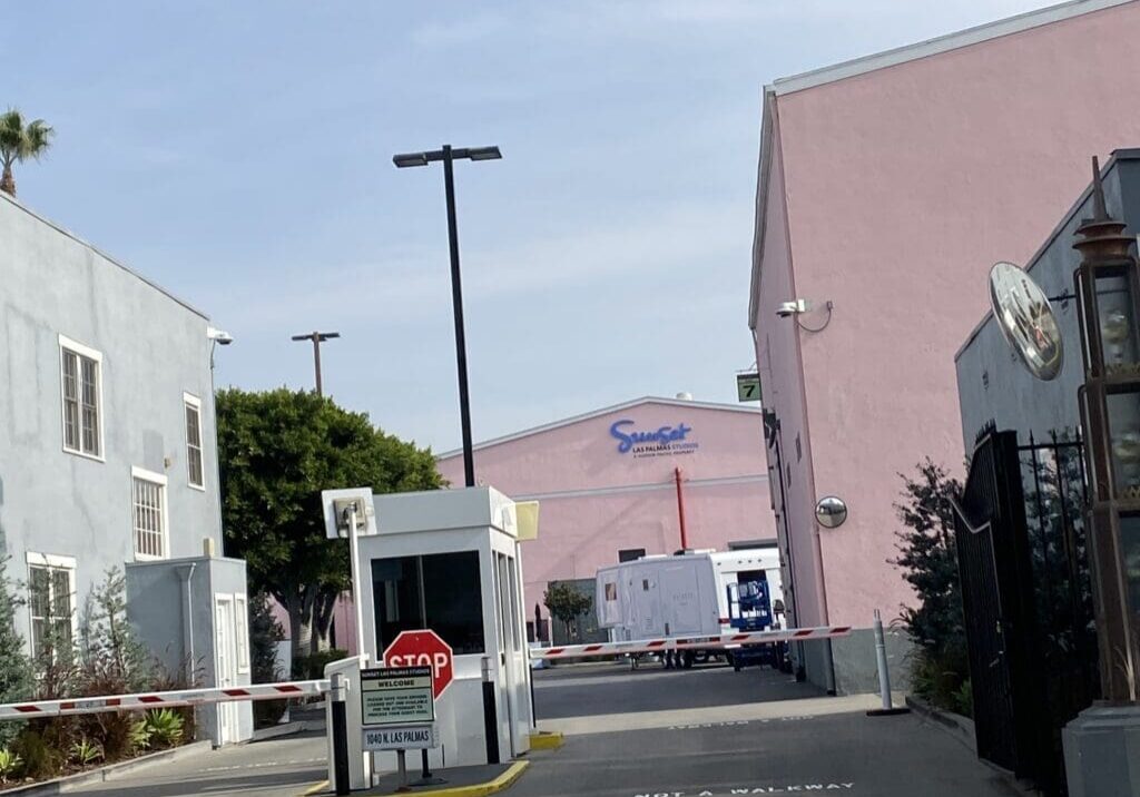 Guard booth and barrier at studio entrance
